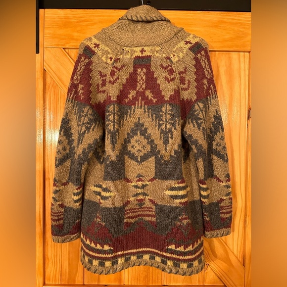 Vintage M 90s WOOLRICH 100% Wool HAND KNIT Aztec Native American Shawl Cardigan - Picture 2 of 4